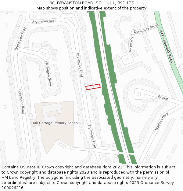 98, BRYANSTON ROAD, SOLIHULL, B91 1BS: Location map and indicative extent of plot