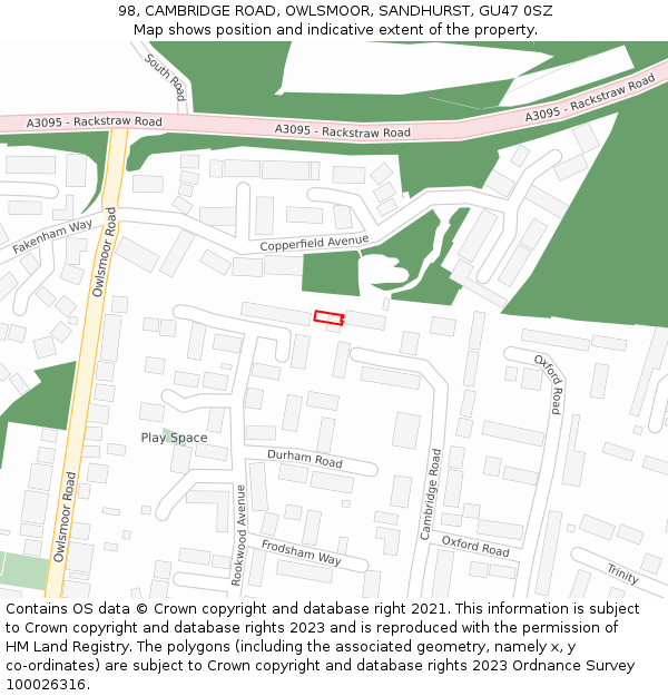 98, CAMBRIDGE ROAD, OWLSMOOR, SANDHURST, GU47 0SZ: Location map and indicative extent of plot