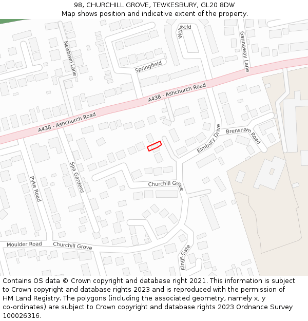 98, CHURCHILL GROVE, TEWKESBURY, GL20 8DW: Location map and indicative extent of plot