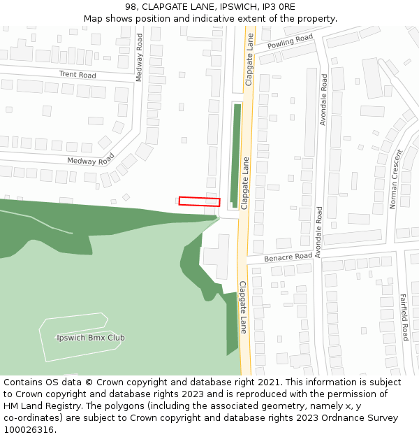 98, CLAPGATE LANE, IPSWICH, IP3 0RE: Location map and indicative extent of plot