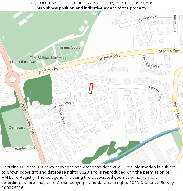 98, COUZENS CLOSE, CHIPPING SODBURY, BRISTOL, BS37 6BS: Location map and indicative extent of plot