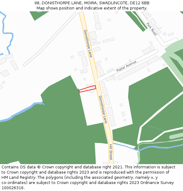 98, DONISTHORPE LANE, MOIRA, SWADLINCOTE, DE12 6BB: Location map and indicative extent of plot