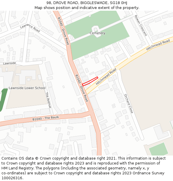98, DROVE ROAD, BIGGLESWADE, SG18 0HJ: Location map and indicative extent of plot