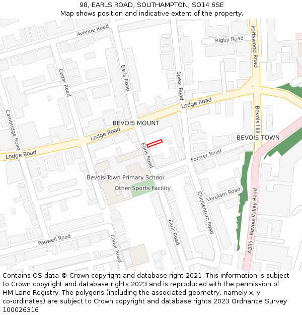 98, EARLS ROAD, SOUTHAMPTON, SO14 6SE: Location map and indicative extent of plot