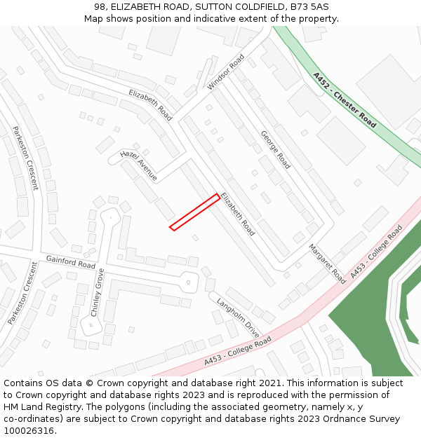 98, ELIZABETH ROAD, SUTTON COLDFIELD, B73 5AS: Location map and indicative extent of plot