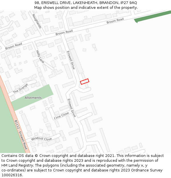 98, ERISWELL DRIVE, LAKENHEATH, BRANDON, IP27 9AQ: Location map and indicative extent of plot