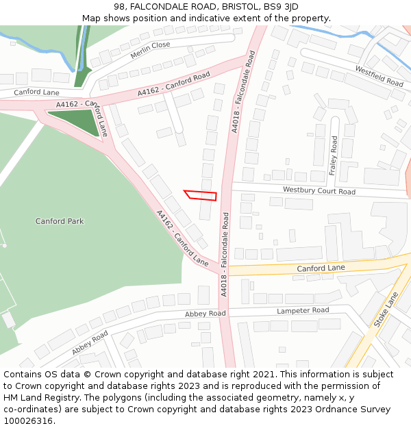 98, FALCONDALE ROAD, BRISTOL, BS9 3JD: Location map and indicative extent of plot
