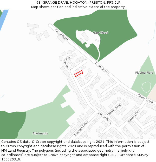 98, GRANGE DRIVE, HOGHTON, PRESTON, PR5 0LP: Location map and indicative extent of plot
