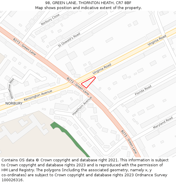 98, GREEN LANE, THORNTON HEATH, CR7 8BF: Location map and indicative extent of plot