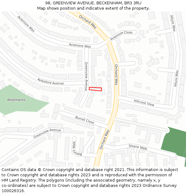 98, GREENVIEW AVENUE, BECKENHAM, BR3 3RU: Location map and indicative extent of plot