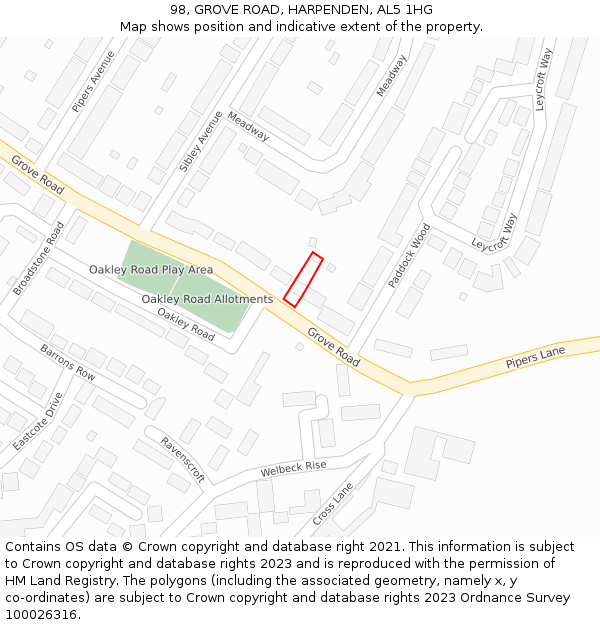 98, GROVE ROAD, HARPENDEN, AL5 1HG: Location map and indicative extent of plot