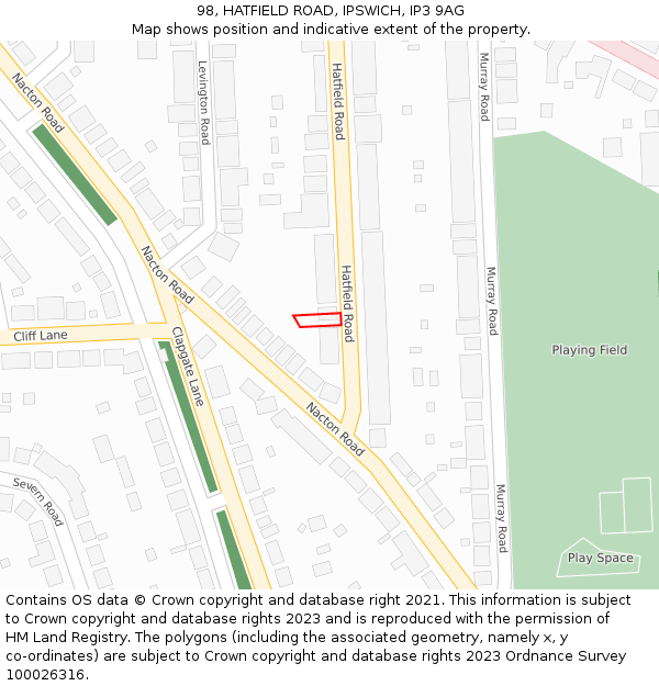 98, HATFIELD ROAD, IPSWICH, IP3 9AG: Location map and indicative extent of plot