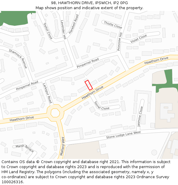 98, HAWTHORN DRIVE, IPSWICH, IP2 0PG: Location map and indicative extent of plot