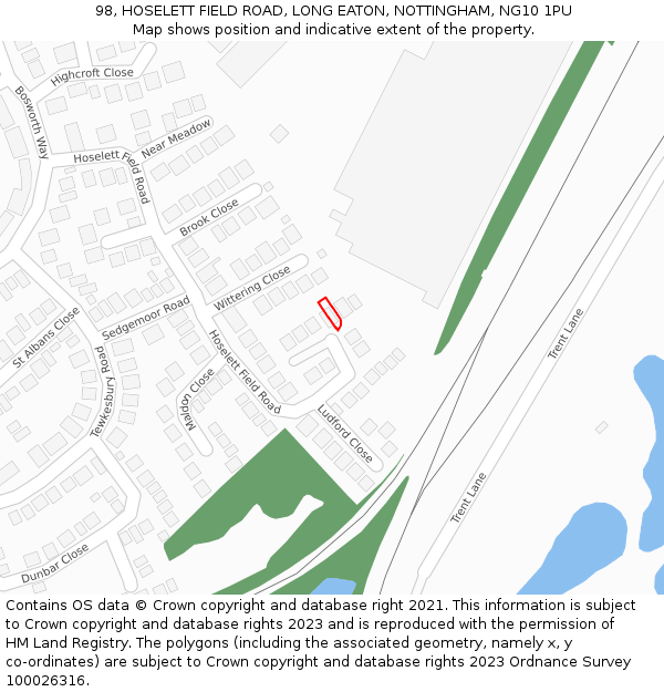 98, HOSELETT FIELD ROAD, LONG EATON, NOTTINGHAM, NG10 1PU: Location map and indicative extent of plot