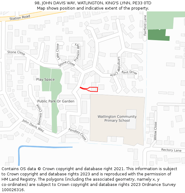 98, JOHN DAVIS WAY, WATLINGTON, KING'S LYNN, PE33 0TD: Location map and indicative extent of plot