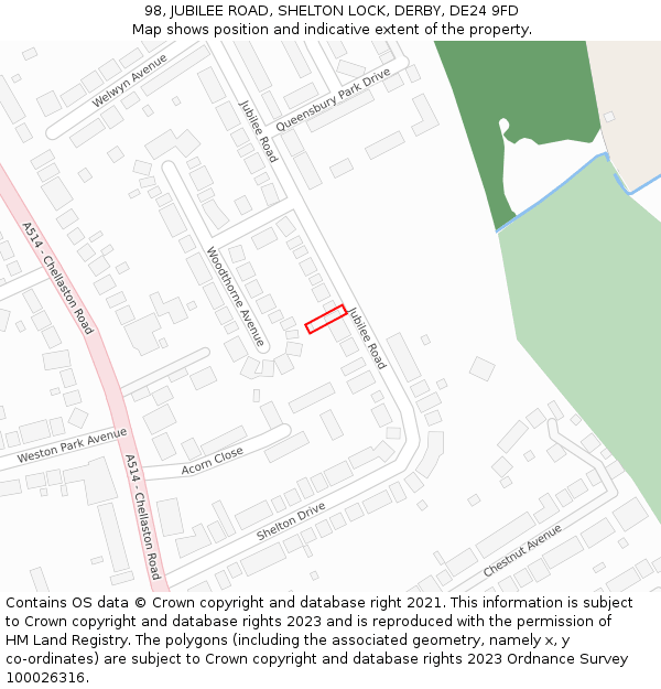 98, JUBILEE ROAD, SHELTON LOCK, DERBY, DE24 9FD: Location map and indicative extent of plot