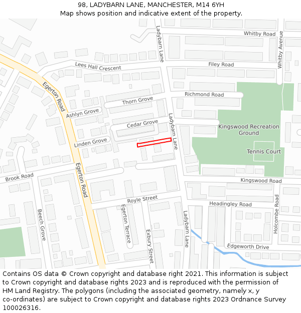98, LADYBARN LANE, MANCHESTER, M14 6YH: Location map and indicative extent of plot
