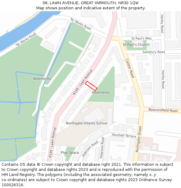 98, LAWN AVENUE, GREAT YARMOUTH, NR30 1QW: Location map and indicative extent of plot