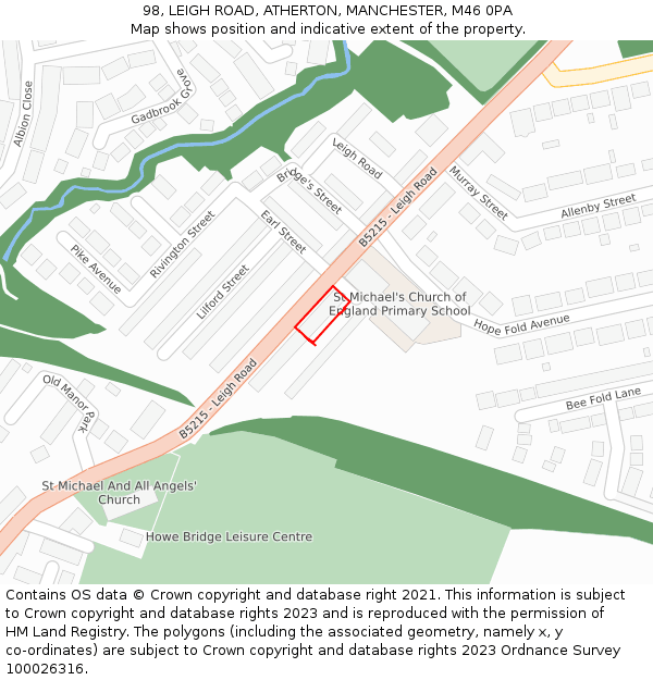 98, LEIGH ROAD, ATHERTON, MANCHESTER, M46 0PA: Location map and indicative extent of plot