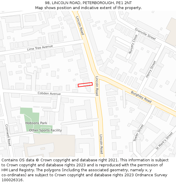 98, LINCOLN ROAD, PETERBOROUGH, PE1 2NT: Location map and indicative extent of plot