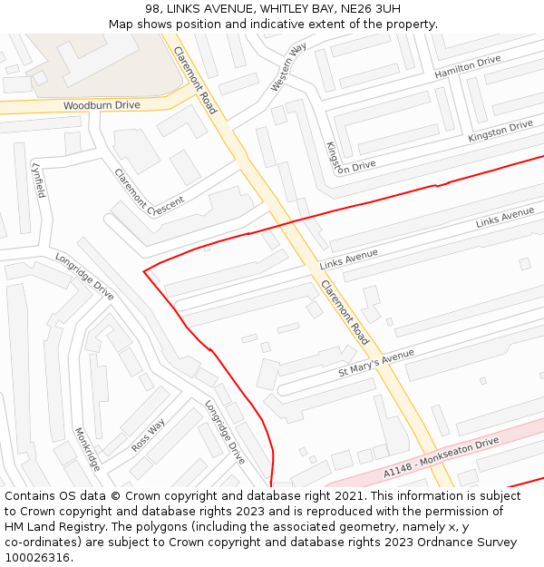 98, LINKS AVENUE, WHITLEY BAY, NE26 3UH: Location map and indicative extent of plot
