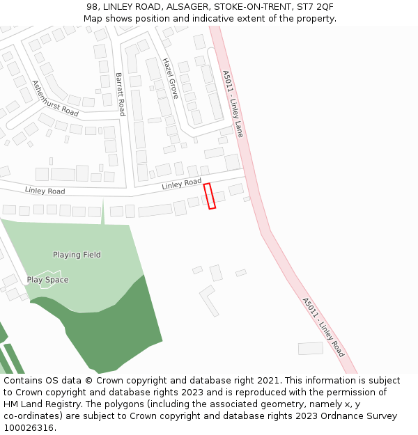 98, LINLEY ROAD, ALSAGER, STOKE-ON-TRENT, ST7 2QF: Location map and indicative extent of plot
