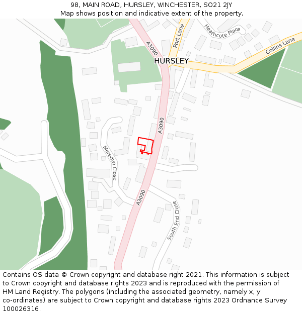 98, MAIN ROAD, HURSLEY, WINCHESTER, SO21 2JY: Location map and indicative extent of plot