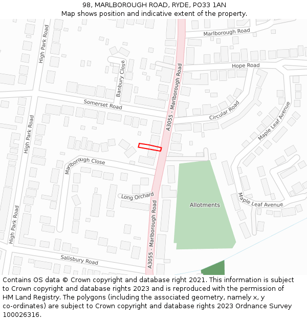 98, MARLBOROUGH ROAD, RYDE, PO33 1AN: Location map and indicative extent of plot