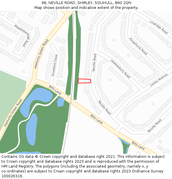 98, NEVILLE ROAD, SHIRLEY, SOLIHULL, B90 2QN: Location map and indicative extent of plot