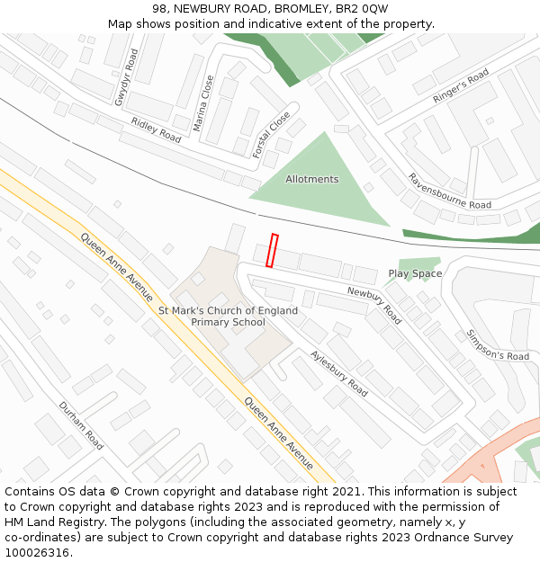 98, NEWBURY ROAD, BROMLEY, BR2 0QW: Location map and indicative extent of plot