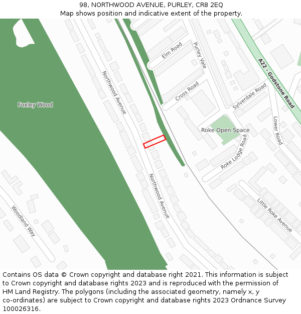 98, NORTHWOOD AVENUE, PURLEY, CR8 2EQ: Location map and indicative extent of plot