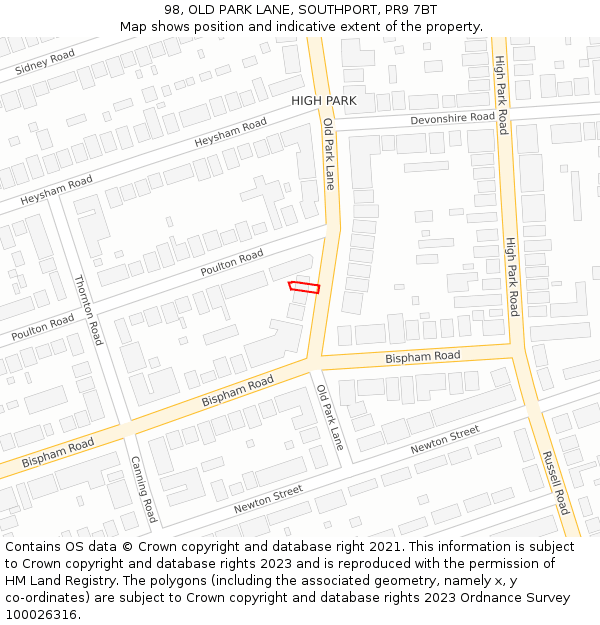 98, OLD PARK LANE, SOUTHPORT, PR9 7BT: Location map and indicative extent of plot
