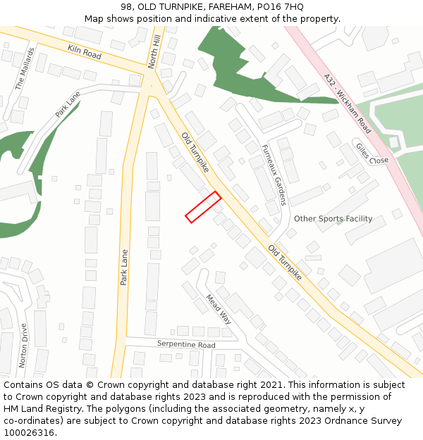 98, OLD TURNPIKE, FAREHAM, PO16 7HQ: Location map and indicative extent of plot