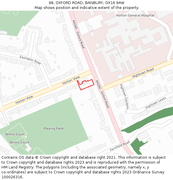 98, OXFORD ROAD, BANBURY, OX16 9AW: Location map and indicative extent of plot