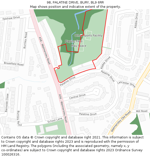 98, PALATINE DRIVE, BURY, BL9 6RR: Location map and indicative extent of plot