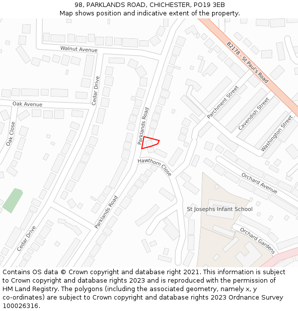 98, PARKLANDS ROAD, CHICHESTER, PO19 3EB: Location map and indicative extent of plot