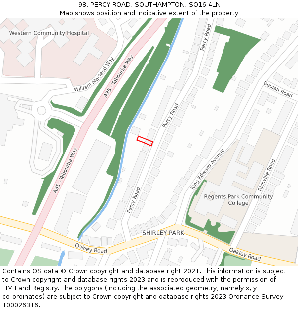 98, PERCY ROAD, SOUTHAMPTON, SO16 4LN: Location map and indicative extent of plot