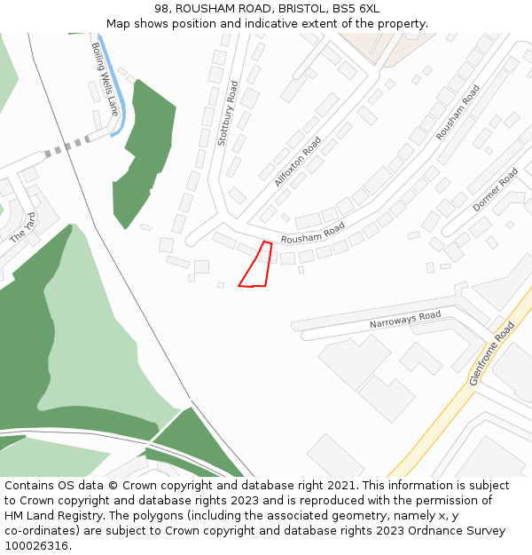98, ROUSHAM ROAD, BRISTOL, BS5 6XL: Location map and indicative extent of plot