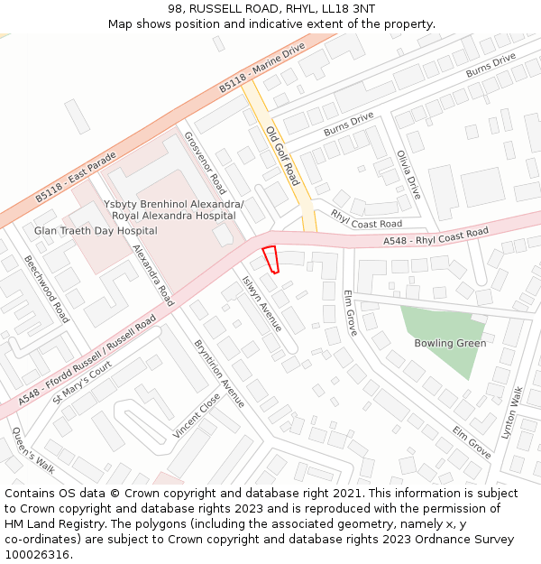 98, RUSSELL ROAD, RHYL, LL18 3NT: Location map and indicative extent of plot