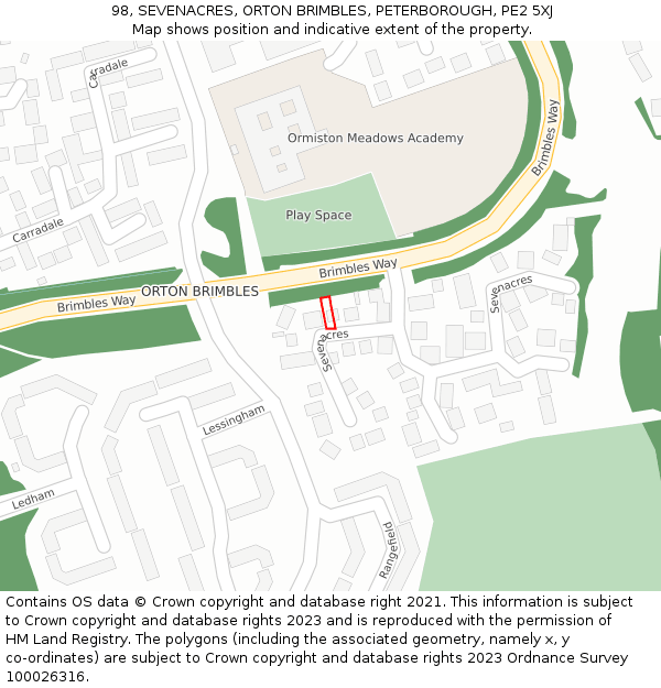 98, SEVENACRES, ORTON BRIMBLES, PETERBOROUGH, PE2 5XJ: Location map and indicative extent of plot