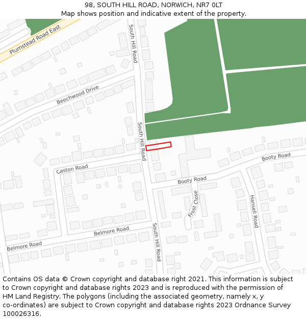 98, SOUTH HILL ROAD, NORWICH, NR7 0LT: Location map and indicative extent of plot