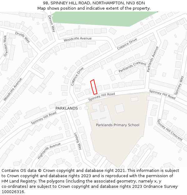 98, SPINNEY HILL ROAD, NORTHAMPTON, NN3 6DN: Location map and indicative extent of plot