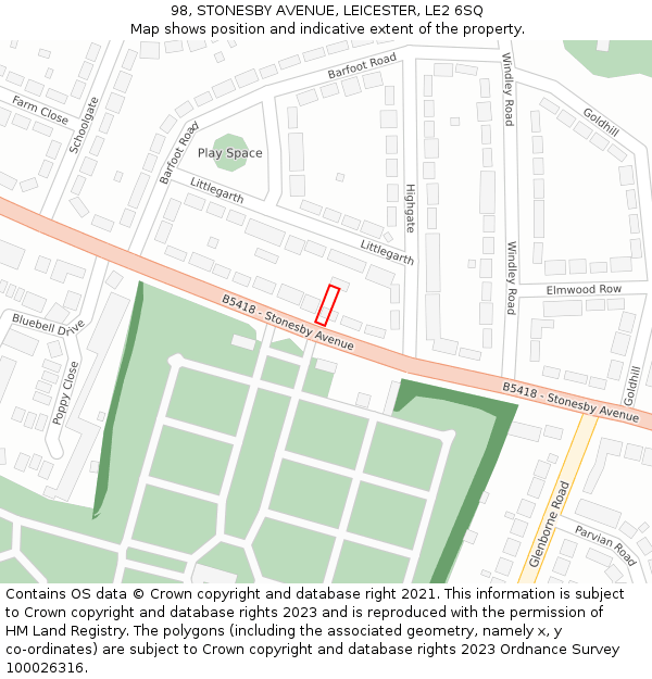 98, STONESBY AVENUE, LEICESTER, LE2 6SQ: Location map and indicative extent of plot