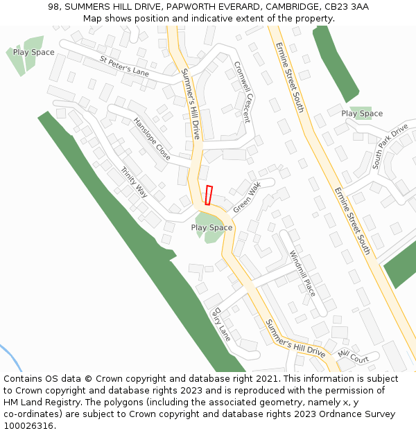 98, SUMMERS HILL DRIVE, PAPWORTH EVERARD, CAMBRIDGE, CB23 3AA: Location map and indicative extent of plot