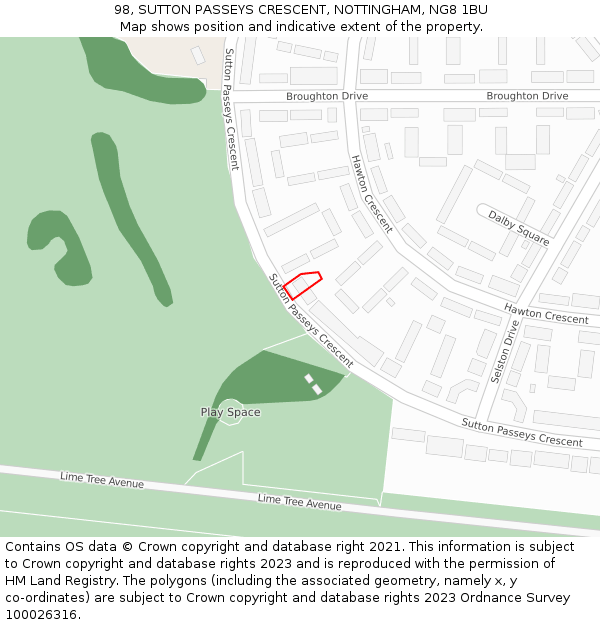 98, SUTTON PASSEYS CRESCENT, NOTTINGHAM, NG8 1BU: Location map and indicative extent of plot