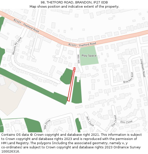 98, THETFORD ROAD, BRANDON, IP27 0DB: Location map and indicative extent of plot