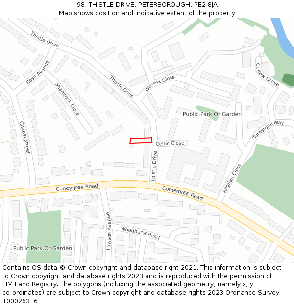 98, THISTLE DRIVE, PETERBOROUGH, PE2 8JA: Location map and indicative extent of plot