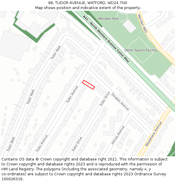 98, TUDOR AVENUE, WATFORD, WD24 7NX: Location map and indicative extent of plot
