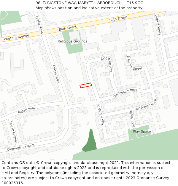 98, TUNGSTONE WAY, MARKET HARBOROUGH, LE16 9GG: Location map and indicative extent of plot