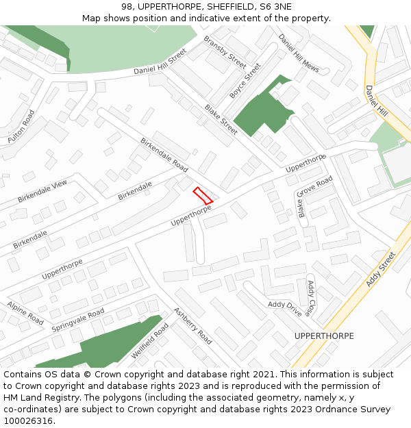 98, UPPERTHORPE, SHEFFIELD, S6 3NE: Location map and indicative extent of plot